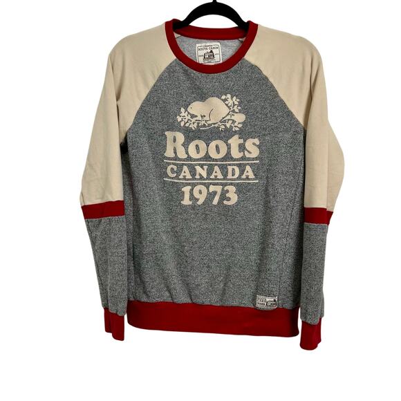 Roots Cabin Canada Red White Grey Retro Flocked Beaver Sweatshirt Women's Small - Picture 1 of 7